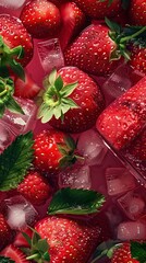 Wall Mural - Fresh strawberry and ice cubes, raspberry juice in a crystal glass on ice on a red background. Created with Generative AI