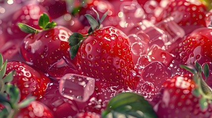 Wall Mural - Fresh strawberry and ice cubes, raspberry juice in a crystal glass on ice on a red background. Created with Generative AI