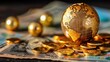 © weerasak - A globe made of gold sits atop currency notes and scattered coins, symbolizing wealth and global finance.