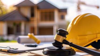 Close-up of Judge's gavel on building blueprint plans with a safety helmet and building model on the table with a house in the background, Labor and Construction law concept.