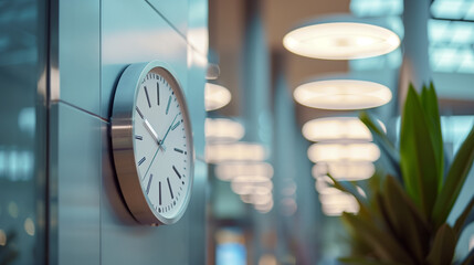 Wall Mural - A round clock placed on the wall in the office, a modern accent in the interior. Its elegant form and clear hands make it easy to monitor time and plan tasks.
