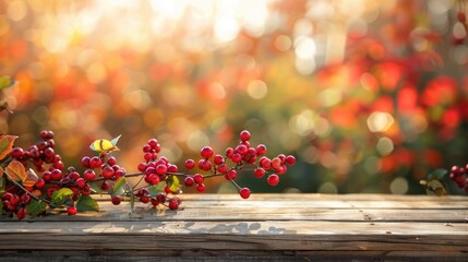 Canvas Print - Colorful autumn twig on wooden table in fall garden with copy space