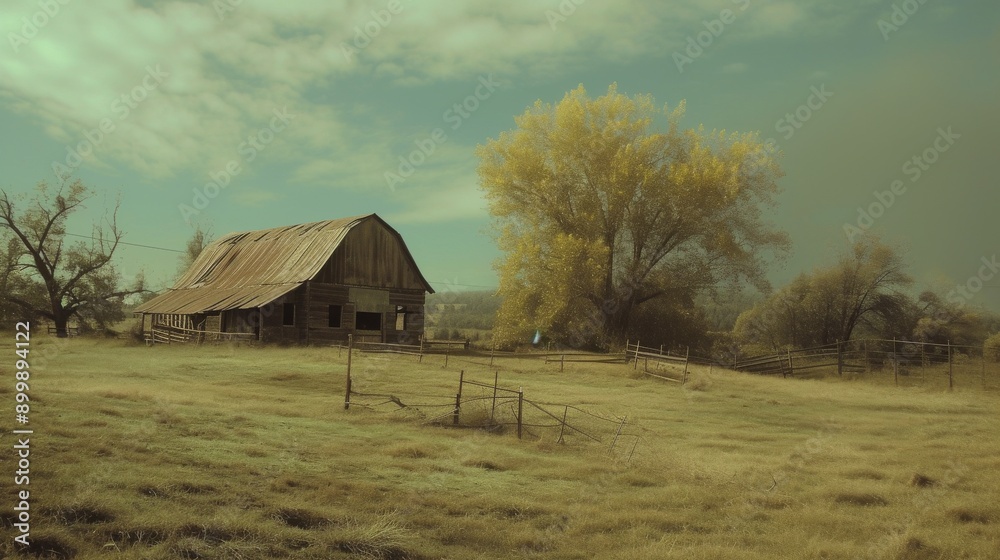 A dilapidated wooden barn sits alone in a golden field under a vibrant ...