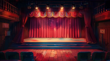 Design a lifelike depiction of an empty stage under a spotlight, featuring a vibrant backdrop decoration, ready for an entertainment show.