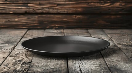 Black matte plate on wooden surface with stitched background Side view