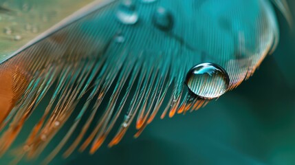 Poster - Water droplet on bird feather with green and turquoise background