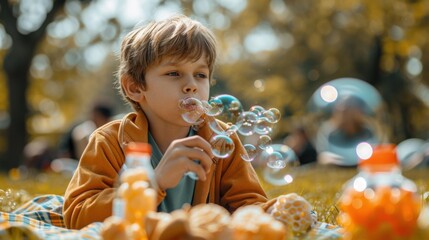 Wall Mural - A young boy blows bubbles while sitting on a blanket in the park. AI.