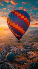 Sticker - Hot air balloons flying over a scenic landscape at sunrise. AI.