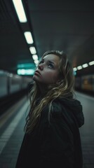 Poster - A woman stands in a subway station looking up. AI.