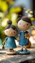 Poster - A pair of handmade dolls dressed in blue, holding hands. AI.