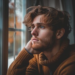 Canvas Print - A man looks out a window, lost in thought. AI.