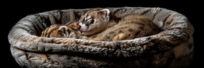 Wall Mural - Two small animals curled up and sleeping in a cozy bed. AI.