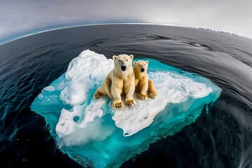 polar bear family relaxing on melting iceberg in the arctic ocean