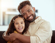 © peopleimages.com - Hugging, sofa and portrait of child with dad for love, care and bonding together in home. Smile, connection and girl kid embrace single father for relax in living room on weekend at house in Colombia