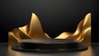 © Mustapha.studios - Gold black podium background 3D golden product line stage dark platform wave display. Design podium black luxury gold light scene pedestal presentation showcase event beauty shine object cosmetic sale