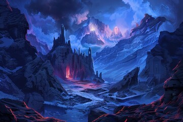 Wall Mural - Mystical ruins in frozen mountains with lava river