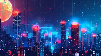 Wall Mural - Glowing neon light city background