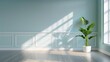 © EF Studio - blue room with white trim, wooden floor and plants. The walls have classic wainscoting with window frames.