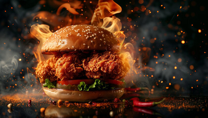 Wall Mural - Crispy chicken burger with lettuce and tomato 