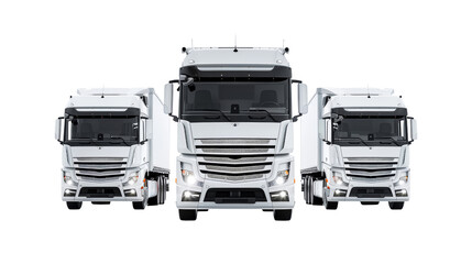 Fleet of three white heavy trucks isolated on transparent background. Logistics and transportation concept. PNG, cutout. 