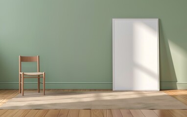 A large blank white poster frame is leaning against the wall in an elegant room with wooden floors and green