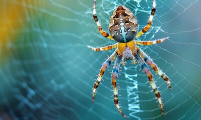 Close-up of a spider in its intricate web
