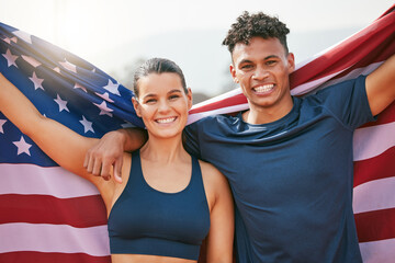 Winner, portrait and people with American flag on track for celebration, achievement or victory at sports event. Fitness, team and athlete man with woman for competition, champion or success in race