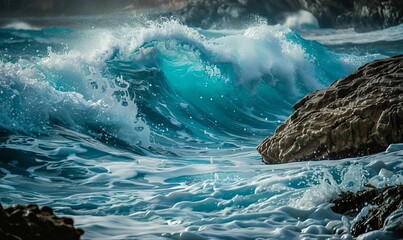 Wall Mural - Dynamic turquoise ocean waves crashing on rocky shore. Foamy crests frozen in motion, capturing the raw power of the sea