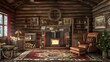 © waqas - Rustic cabin living room with stone fireplace and wooden beams.