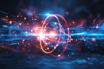 Aufkleber - Abstract digital energy sphere with glowing particles and futuristic technology design on a dark background.