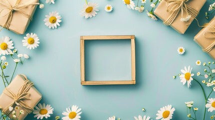 Wall Mural - Daisy floral background with gift and wooden frame for text