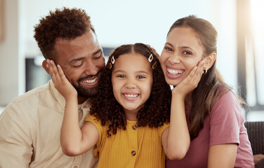 Poster - Portrait, woman and daughter with man in embrace, connection and comfort as family in home. Parents, young girl and affection for love, support and childcare with trust, together and happy in bonding