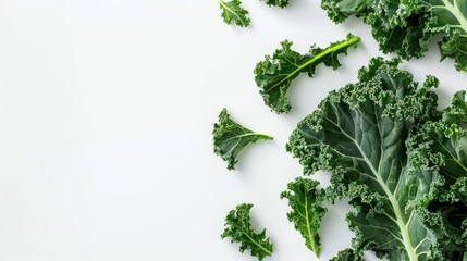 Kale leaves from above on white surface with space for text