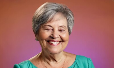 Wall Mural - Cheerful senior woman with colored background, gray hair, and cropped hair smiling in studio portrait