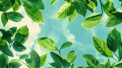 Canvas Print - Green spring leaves pattern with blue sky background for organic product design