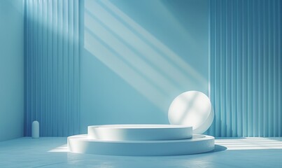 Poster - Abstract blue background with geometric shapes including a sphere and round platform