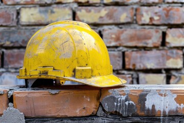 yellow hard hat or protection helmet. safety equipment in work brick wall background