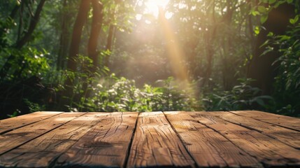 Wall Mural - Brown wooden table with nature background for product display