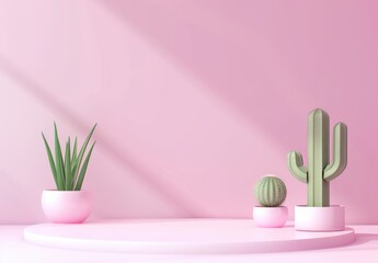 Minimal style 3D Rendering illustration of pink backdrop with geometric cube, cactus, and podium for product display. 3D stage showcase mockup on pastel wall with banner template. 3D Rendering Mock up