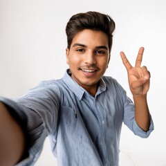 a man Peace Hand Gestures on white background, concept of success and victory