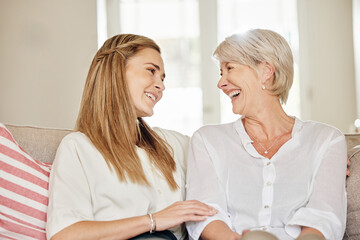 Poster - Home, smile and woman with senior mother on sofa for bonding connection, love and care on weekend. Relax, family and people with hug in living room for conversation, happiness and visit in house