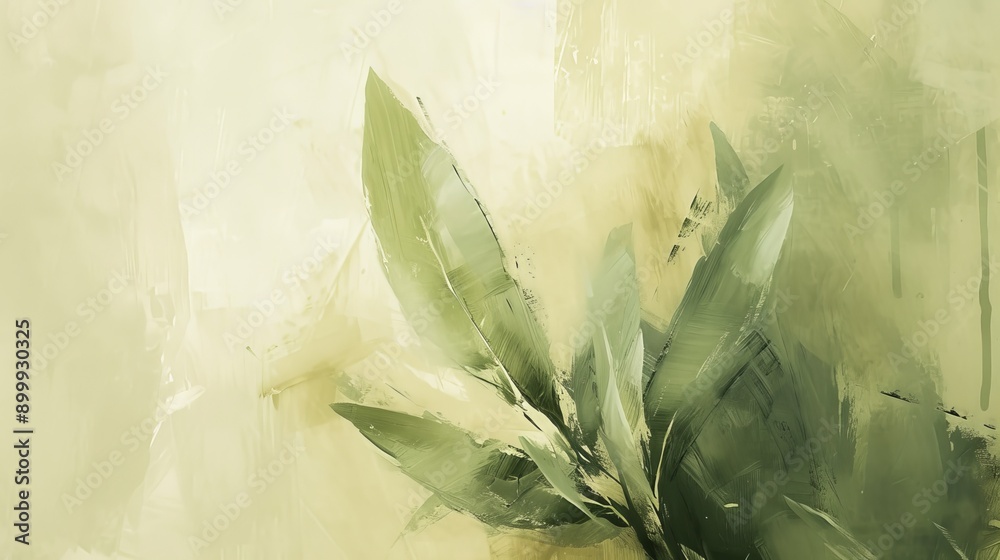 Abstract painting of green leaves on a textured background. The soft ...