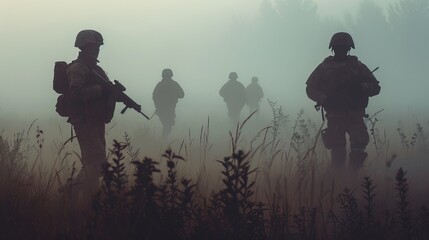 Wall Mural - A group of soldiers on the battlefield or in a tactical exercise. Military forces. War