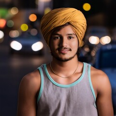 young handsome muscular sikh boy with a swag hang loose hand, a yellow sikh pagdi