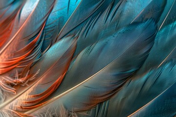 Poster - Captivating Close-Up of Vibrant Bird Feathers Displaying Intricate Patterns Against a Soft Color Background