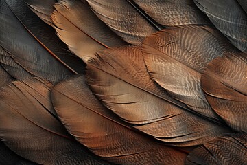Poster - Exquisite Bird Feather Arrangement Showcasing Earth Tones and Natural Textures Against Soft Color Background