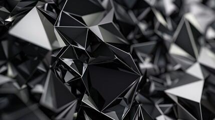 Wall Mural - 3d render, abstract black crystal background, faceted texture, macro panorama, wide panoramic polygonal wallpaper