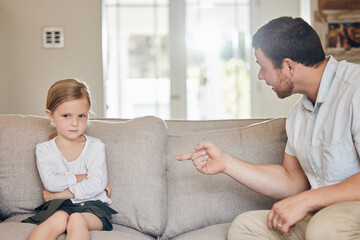 Poster - Upset, child and dad with discipline on sofa for bad behaviour, confrontation or punishment in living room. Home, disappointed and strict man pointing at young girl for fight, mistake or scolding