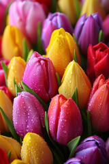 Poster - A vibrant close-up of tulips in various colors, with dewdrops adding a fresh and lively feel to the image.