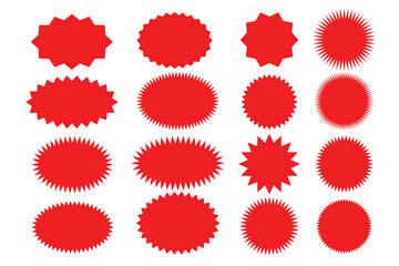 Poster - red Starburst sticker set - collection of special offer sale round and oval sunburst labels and buttons. Stickers and badges with star edges for promo advertising.
